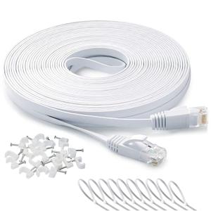 Ethernet Cable 100 ft, Cat 6 Flat Cable Slim Long Cat6 High Speed Computer Network LAN Patch Cord Wire with Clips & Rj45 Connector for Router,Faster Than Cat5e/Cat5,100 Foot White