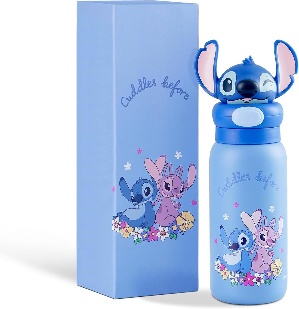 MINISO Disney Stitch Bottle, 20oz Lilo&Stitch Insulated Stainless Steel Bottle, Cartoon Vacuum Insulated Tumbler, Leak Proof Flip Top Stitch Cup for Sport Travel Office (Blue-SDZ)