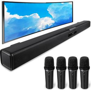 TV Soundbar Speaker with Bluetooth/AUX/USB/TF/Coaxial, Sound Bar for Smart TV with 4 Wireless Microphones, Surround Sound System for TV (Full Black, 4mic)