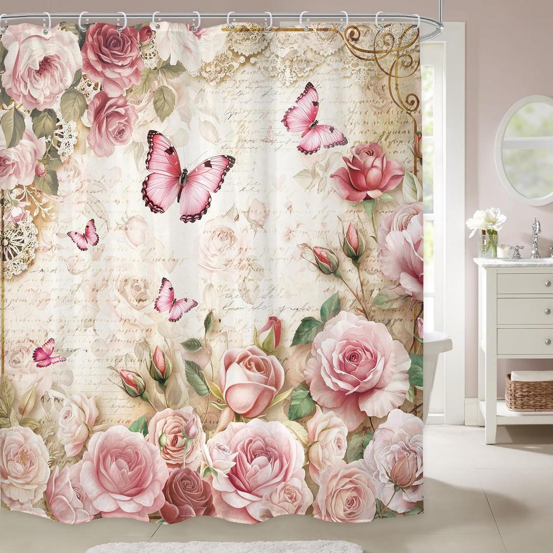 LGhtyro Rustic Pink Rose Butterfly Shower Curtain Bathroom Set 60Wx71H Inches Floral Peony Green Leaves Plant Text Background Bath Accessories Botanical Botany Art Home Decor Fabric 12 Pack Hooks