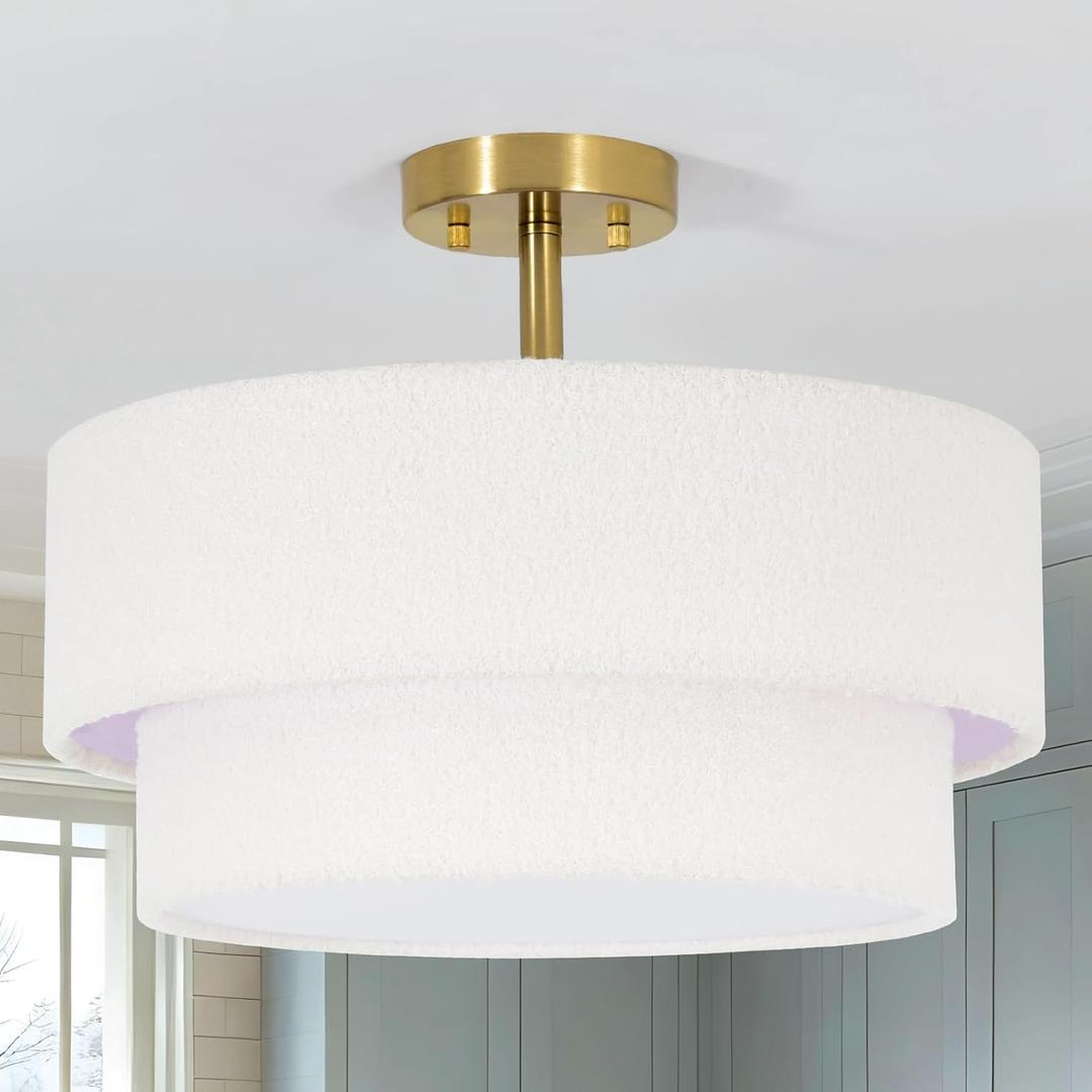 16.5'' Semi Flush Mount Ceiling Light, 3-Light Gold Ceiling Light Fixture with 2-Layer White Plush Shade, Farmhouse Drum Close to Ceiling Light for Living Room, Hallway, Bedroom, Kitchen, Dining Room