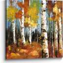 the stream design Birch Tree Artwork Canvas Painting: Trees Wall Art Autumn Forest Nature Landscape Picture Hand Painted Textured Aspen Print Decor for Living Room Bedroom Office Home