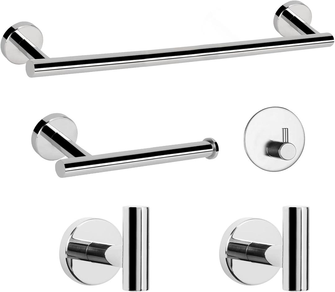 NearMoon 5 Pcs Bathroom Hardware Set SUS 304 Thicken Stainless Steel-Towel Bar Set Include 16" Towel Rod+Toilet Paper Holder+3 Multifunctional Hooks Bathroom Accessories (Chrome Finish)