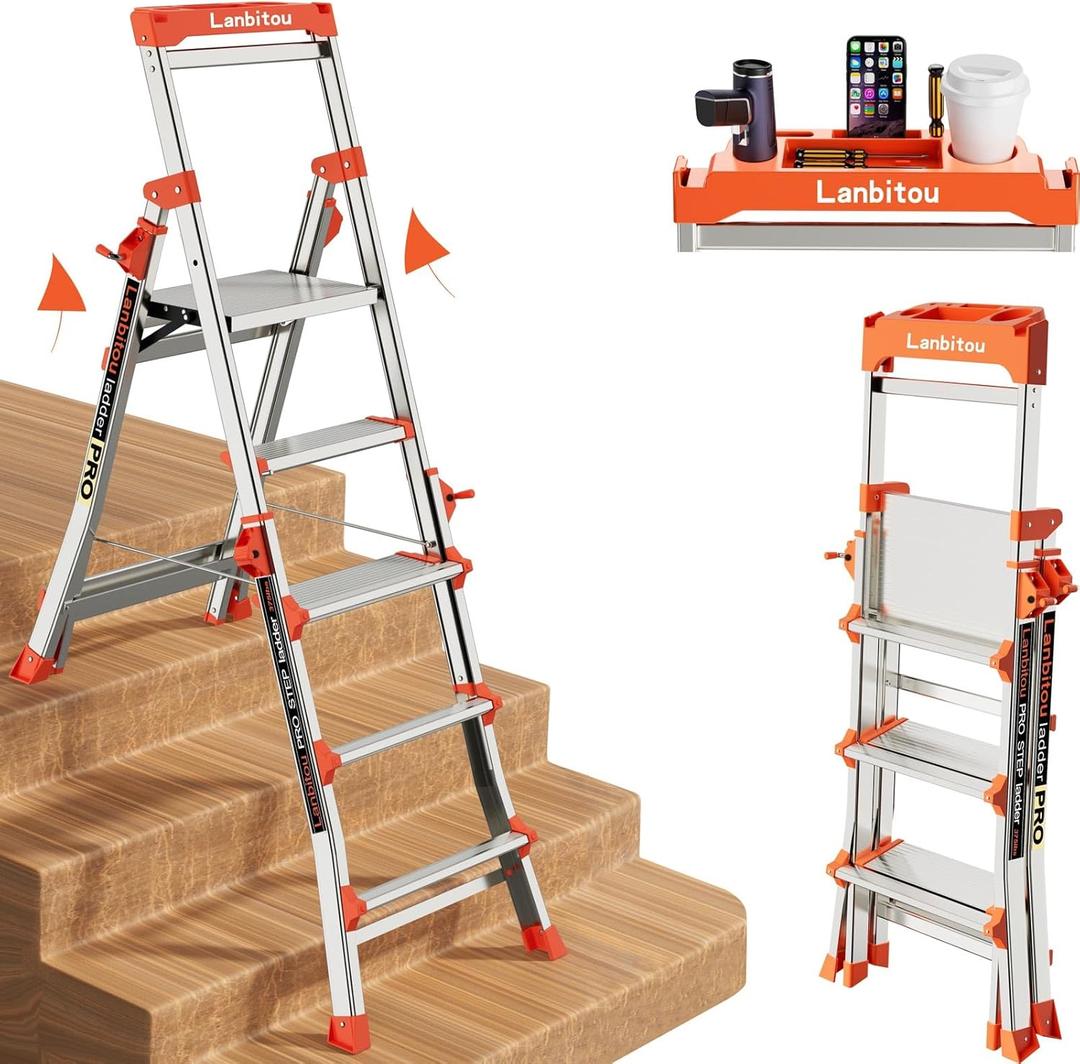 LANBITOU Ladder, Aluminum 5 Step Ladder with Handrails, Anti-Slip Wide Pedal, Tool Platform, Folding Step Stool Step Ladder for Stairs Home Outdoor Work, Lightweight-Portable, 330lbs-Capacity,