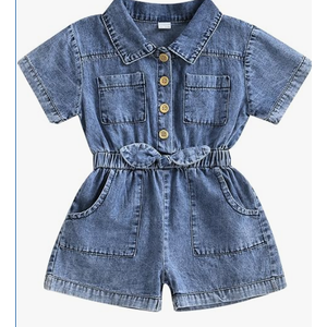 Little Girls Denim Jumpsuit Short Sleeves Turn Down Collar Button Down One-Piece Overalls Elastic Waist Jean Romper 12-18M