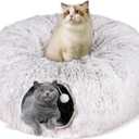 Cat Tunnel Bed for Indoor Cats, Peekaboo Cat Cave with Washable Soft Play Mat, Furry Cat Tube, for Kitten/Puppy/Rabbit, Brown