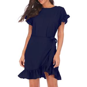 Womens Long Sleeve Round Neck Ruffles Wrap Dresses Party Dress (Blue)