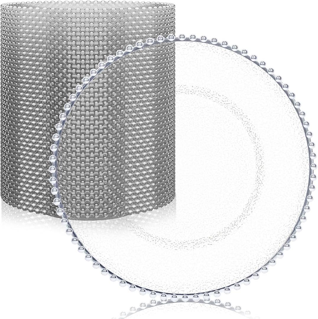 MAONAME 50 PCS Clear Charger Plates Bulk, 13" Plastic Round Beaded Chargers with Silver Rim, Frosted Grain Plate Chargers for Wedding, Party Event, Large