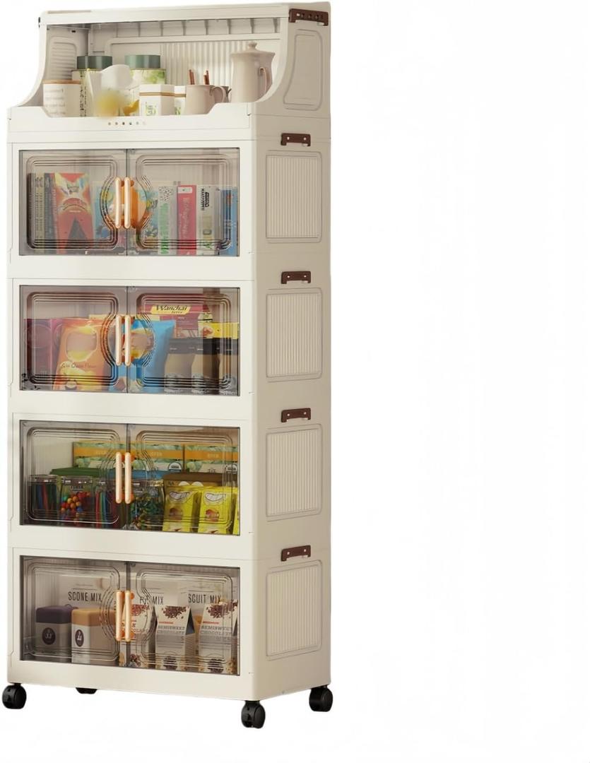 217QT Stackable Storage Bins with Lids & Rack, 5 Tier Large Capacity Foldable Storage Cabinet, Clear Collapsible Pantry Organizer for Home, Kitchen, Bathroom, Dorm, Office, Clear, 5 Tier 43.5QT