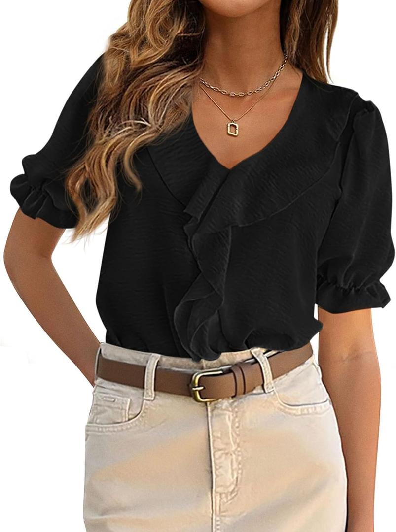 PRETTYGARDEN Women's Summer Dressy Casual Blouses 2026 Short Sleeve V Neck Ruffle Business Work Tops Trendy Spring Outfits (Black, M)