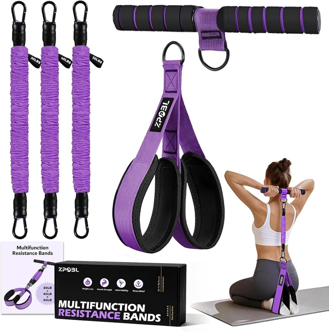 3 x Multifunctional Portable Pedal Resistance Band with Handle for Women - 3 Adjustable Tubes for Core(30/40/50LB), Abs, Arm & Leg Workouts | Home Gym Equipment