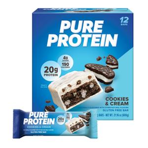 Pure Protein Cookies And Cream Protein Bars 20g Protein, 3g Sugar, 190 Calories (12 count) Low Sugar* High Protein Snack - Gluten Free - Perfect for a Healthy Snack (EXP 01/19/27)