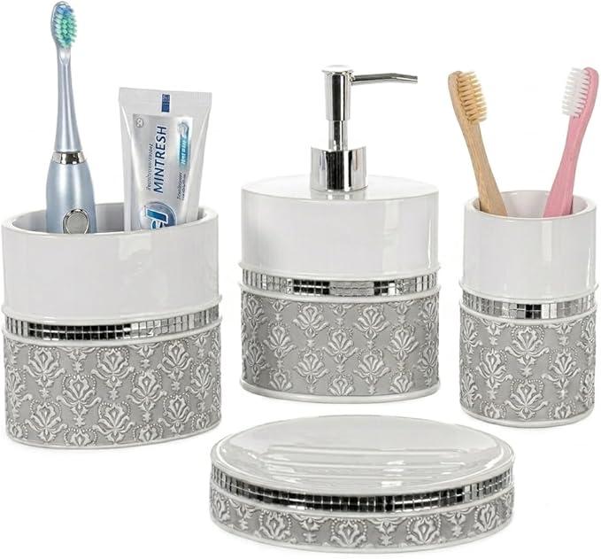 Creative Scents Mirror Damask Bathroom Accessory Set Complete  Decorative 4 Piece White and Gray Bathroom Set Includes: Soap Dispenser, Soap Dish, Toothbrush Holder and Tumbler