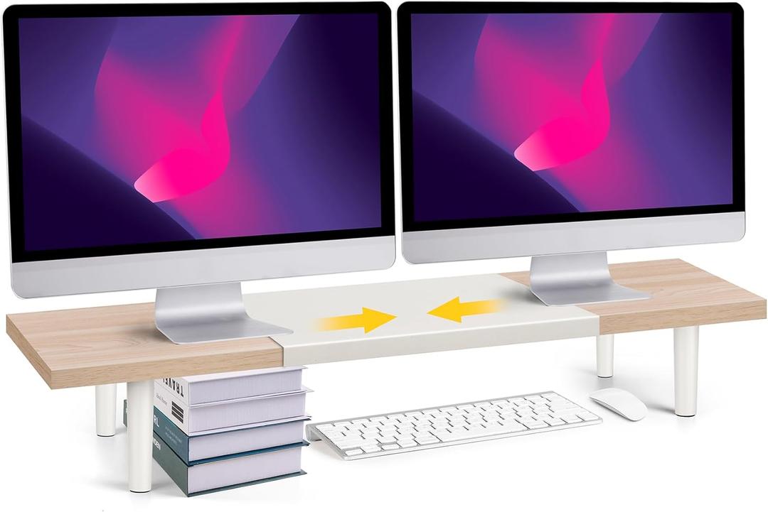 Dual-Monitor-Stand-Riser-For-Desk Adjustable Length 32-40 InchLarge Desktop Computer Monitor Riser For 2 ScreensDesk Shelf Organizer Riser Stand For Computer/Laptop/PC/Printer/TV Maple