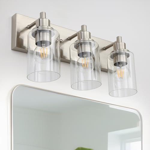 LOUSACE 3 Light Bathroom Vanity Light Brushed Nickel, Bathroom Lighting Fixtures with Clear Glass Shades Over Vanity Mirror, Modern Wall Sconces Fixtures for Bedroom Living Room, E26 Socket One Is Beoken