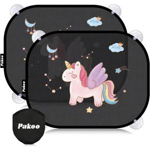 Pakoo Car Window Shade for Baby, 2 Pack UV Protection Breathable Universal Fit Mesh Car Window Shades, 2 Pack with 8 Suction Cups- 17.7 x 14 inches (Unicorn)