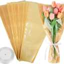 NEUROVYRAL 50 Pcs Flower Bouquet Sleeves Bouquet Wrapping Paper with 1 Ribbon Florist Wrap Supplies Kraft Paper Floral Packing Flower Bags for Wedding Mother's Day Graduation Gift