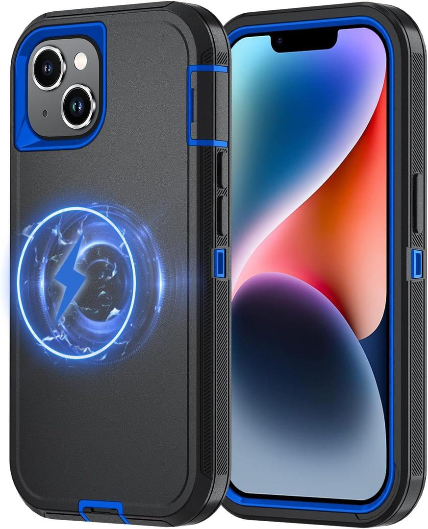 for iPhone 15 Case [Compatible with MagSafe], Heavy Duty Shockproof 3-Layer Full-Body Protection Rugged Cover, Drop-Resistant and Wireless Charging Friendly (Black/Blue, iPhone 15)