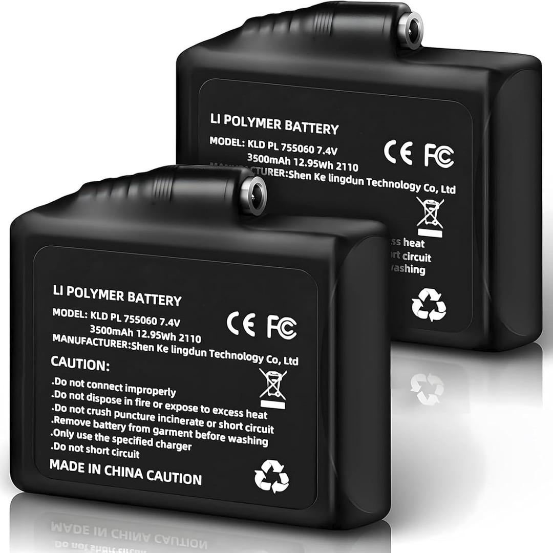 3500mAh 7.4V Battery Pack of 2, Batteries for Heated Gloves, Rechargeable Lithium Polymer Battery Replacement, Socks, Hats, Mittens, Vest, Jacket, Hand Muff, Boots, Hat, Knee Braces