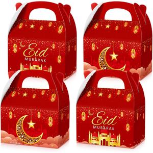 TaoBary 24 Pack Ramadan Treat Boxes Eid Mubarak Gift Boxes Mosque Star Moon Lantern Party Favor with Handle Bulk Ramadan Goodie Candy Bag for Eid Al Fitr Packages Supplies(Red)
