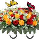 Artificial Cemetery Flowers for Grave,Large Headstone Flower Saddle Realistic Grave Flowers Memorial Silk Rose Flowers with Butterflies for Headstone Grave Decoration Non-Fading Easy Fit (Red Yellow)