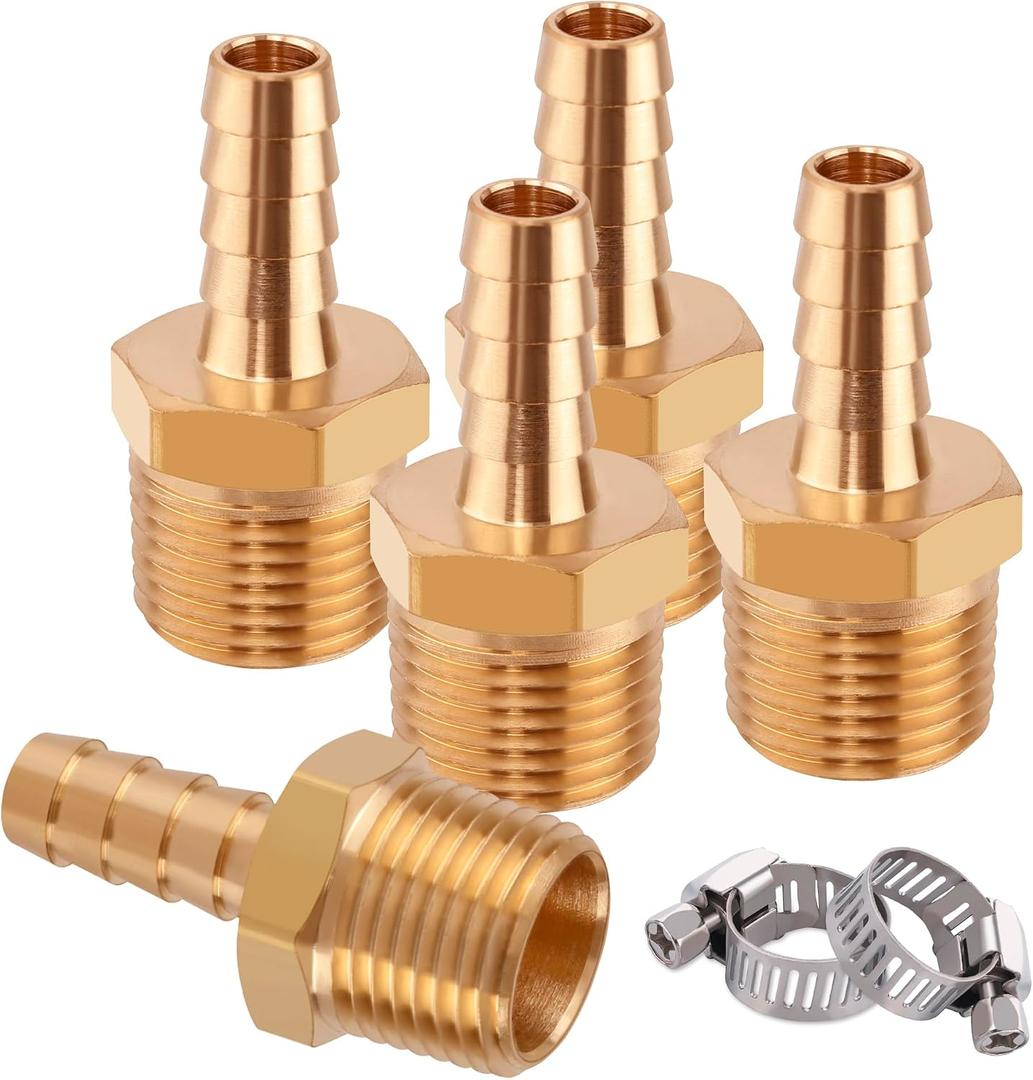 5 Pcs Brass Hose Barb Fittings, 3/8" Barb to 1/2" NPT Air Hose Repair Kit, 3/8" to 1/2" NPT Male Thread Adapter, Barbed Air Hose Repair Connector Fitting with 5 Pcs Hose Clamp