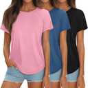 Ficerd 3 Pcs Women Short Sleeve Shirts Curved Hem Top Round Neck Tunics Side Split Summer for Women (Small, Black, Denim Blue, Pink)