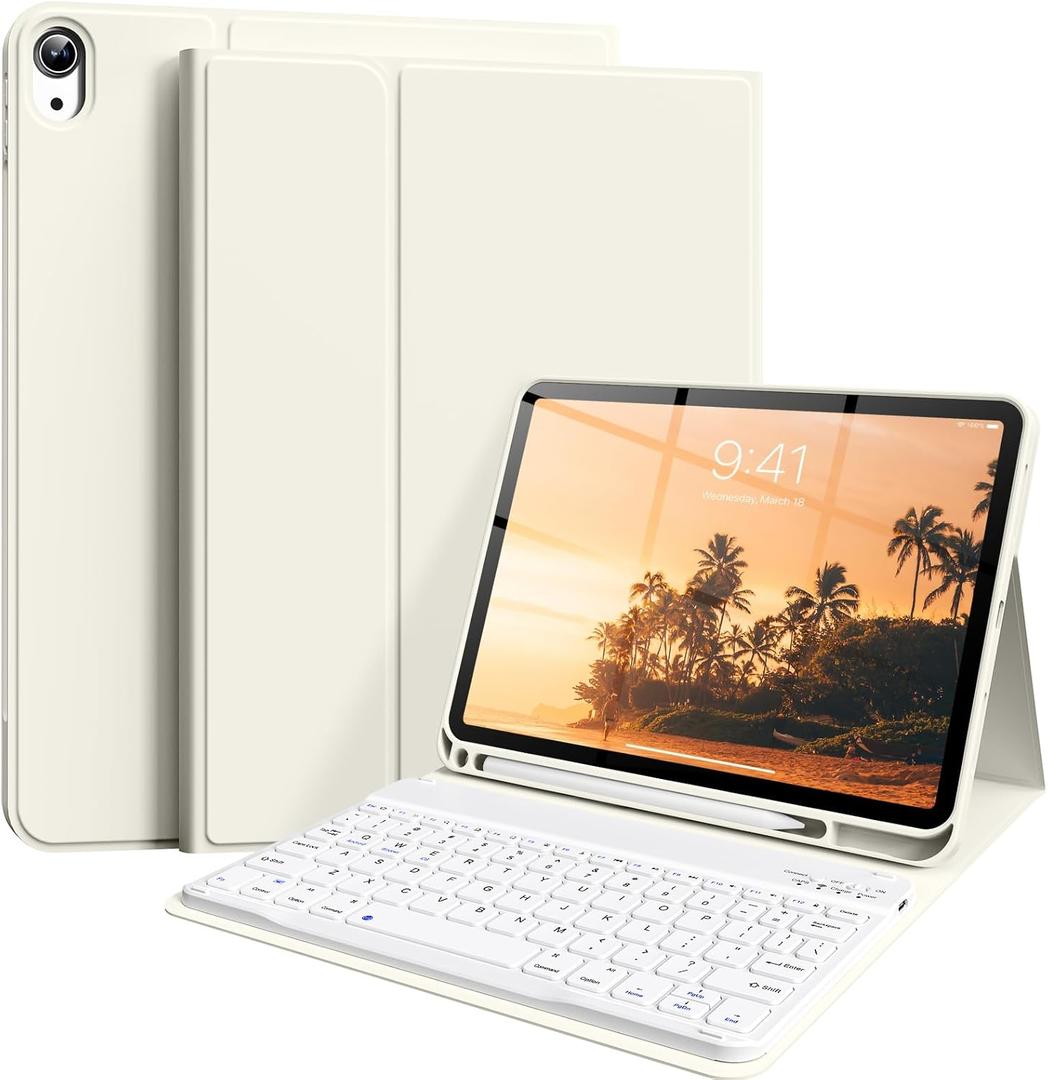Keyboard Case for iPad (A16) 11th Gen 11 Inch 2025, iPad 10th Generation 10.9 inch 2022 with Pencil Holder, Wireless Keyboard and Slim Lightweight Soft Cover Auto Wake/Sleep, Cream White