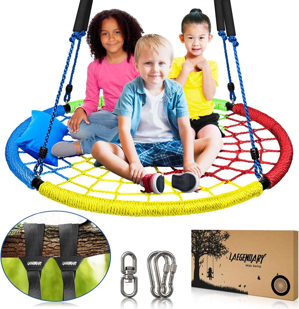 40” Spider Web Tree Swing for Kids - Round Indoor Outdoor Swingset Toys – 700 lb Sensory Flying Saucer Swings – 2 x 5ft Tree Straps, 2 Carabiners, 1 Swivel - Durable Frame, Waterproof Yard Swings Set