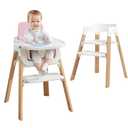 Wooden Highchair for Baby, Toddler High Chair with Tray & Removable Cushion & 4-Levels Pedal & Padded 5-Point Harness,Grows with Kid for Dining, Pink