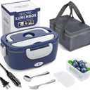Electric Lunch Box Food Heater, 3 in 1 Ultra Quick Heated Lunch Boxes for Adults, 12V/24V/110V Portable Food Warmer for Car/Truck/Office With Fork Spoon and Insulated Carry Bag (Blue White)