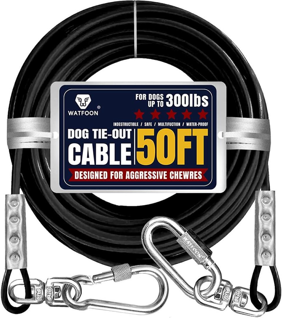 Tie Out Cable for Dogs Up to 300lbs,50ft Extra Strong 1000lbs Break Strength Tie-Out Tether Trolley Training Lead,Dog Run Cable for Yard Garden Park Camping Outside (Black, 300lbs 50ft)