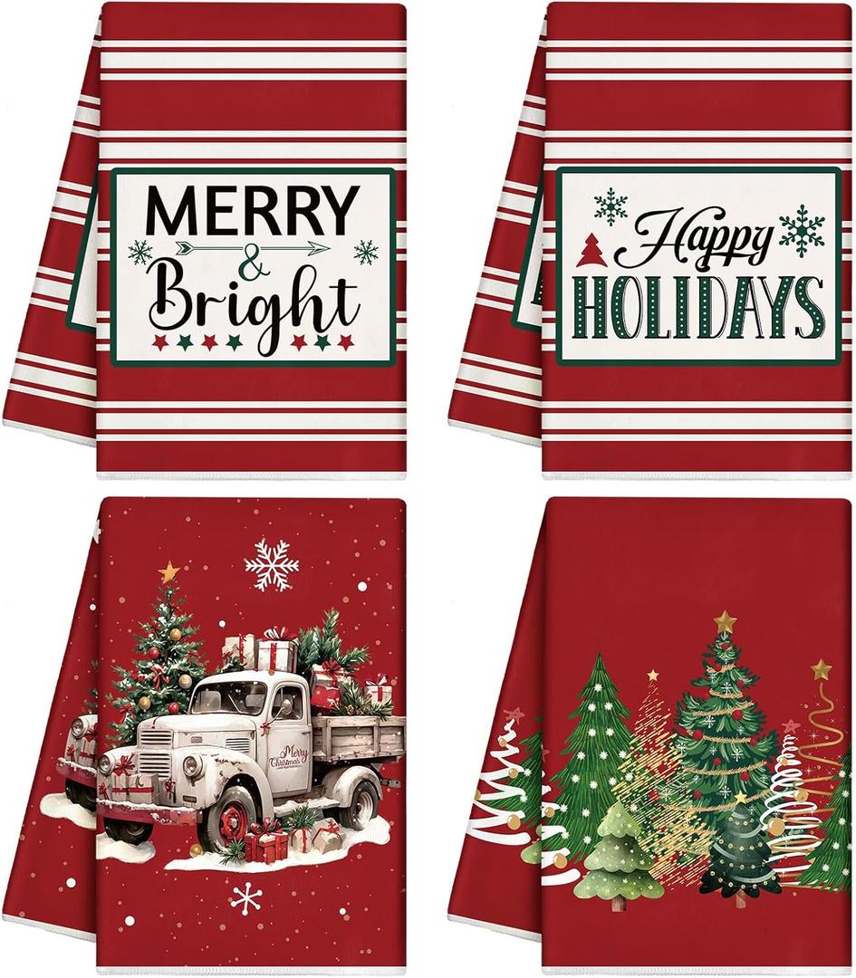 Preboun 4 Pcs Large Christmas Kitchen Towels Set 26 x 17 Christmas Dishcloths Hand Towels Xmas Kitchen Bathroom Decor Merry Bright Decorative Tea Dish Towel for Xmas Gift Holiday Decoration(Red)
