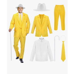 6 Pcs Halloween Sunny Costume for Man Yellow Suit Shirt Pants Tie Uniform Set for Halloween Outfit Cosplay Party, size M