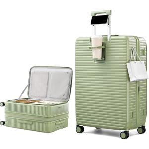 HanTrip Hard Shell Suitcases 28 Inch Large Checked Luggage with Spinner Wheels Cup Holder, Expandable Check in Luggage Lightweight Top Opening Luggage Big Rolling Suitcase with Lock, Bamboo Green