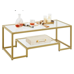 Yaheetech Gold Coffee Table, 42" Rectangular Glass Coffee Table for Living Room, 2-Tier Center Tea Tables with Metal Frame for Small Space, Apartment, Office