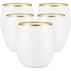 48 count Unbreakable Stemless Plastic Wine Champagne Whiskey Glasses Elegant Durable Disposable Indoor Outdoor Ideal for Home, Office, Bars, Wedding, 12 Ounce Cups Gold Rim