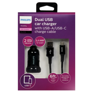 Phillips Dual USB Car Charger With USB A/USB C Charge Cable