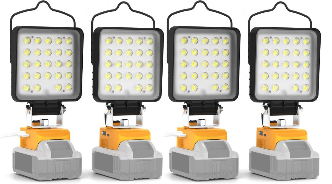 4 Pcs Cordless LED Work Light for Dewalt 20v Max Battery, 96W 10000LM Battery Light for Dewalt 20v Tools, Portable Outdoors Flood Lighting with USB & Type-C Charging Port, Low Voltage Protection