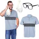 Tellingyou 3 Pcs Halloween Costume Men Blue Striped Shirt Glasses Napkin Set for Halloween Film Cosplay Accessory (XL)