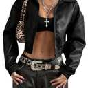 BEAUDRM Women's Y2K Faux PU Leather Jacket Crop Zip Up Motorcycle Coat Long Sleeve Drop Shoulder Motor Bike Jacket Streetwear Black Solid Small