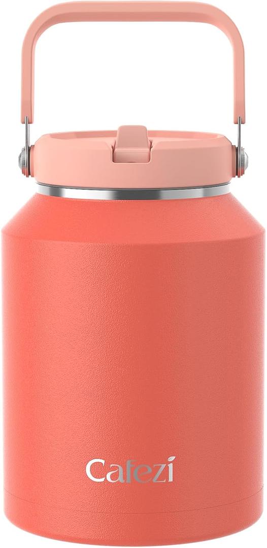 Insulated Water Bottle 64 oz, Stainless Steel Water Bottles with Flip Straw and Top Handle, Leak Proof, Iced for 34 Hours, Vacuum Insulated Water Bottle for Home, Office, Hiking, Car (Coral Orange)