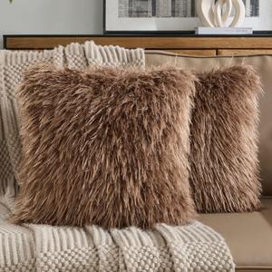 FUTEI Pack of 2 Shaggy Mongolian Faux Wool Throw Pillow Covers 18x18 Inch Soft Fluffy Farmhouse Decorative Cushion Case for Couch Bed Living Room, Dark Brown