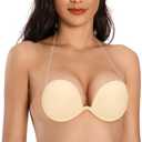 JOATEAY Women's Strapless Backless Bra Plunge Push Up Underwire Adhesive Halter Bra with Clear Strap(Nude, B)