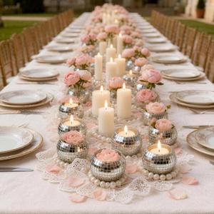 24 Pcs Disco Ball Candle Holders, 2x2.6 Inch Silver Mirror Glass Candle Holders, Disco Ball Centerpieces Table Decor for Wedding Birthday Party