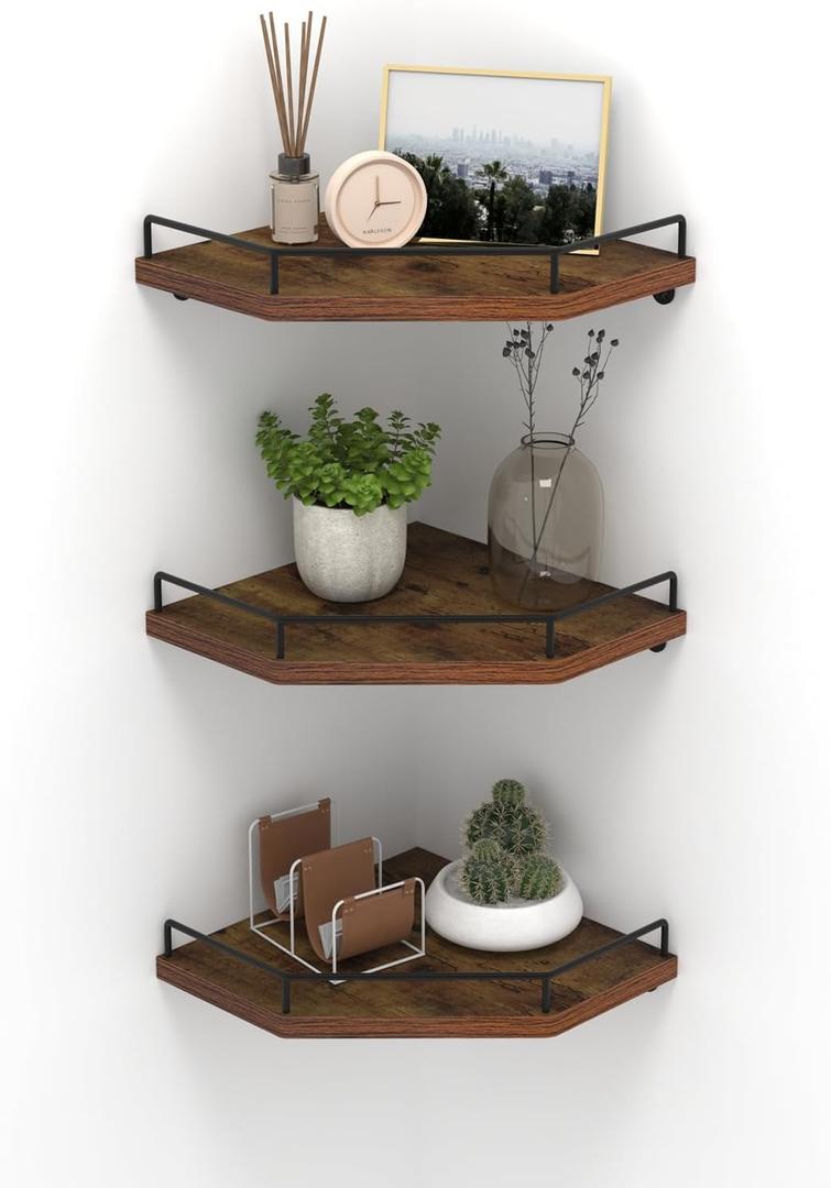 HORLIMER Floating Corner Shelf Wall Mount, 3 Pack Rustic Wood Corner Wall Shelves with Fence for Bedroom, Bathroom, Kitchen, Living Room, Brown (Diamond)
