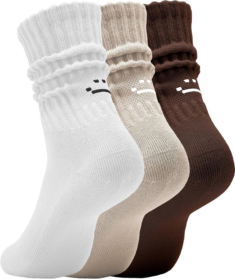 2 x AugRing Women's Cute Scrunch Slouch Crew Socks 3Pack Retro Kawaii Chunky Ribbed Cotton Boot Sneaker Cozy Calf Socks Size 511 (Brown)