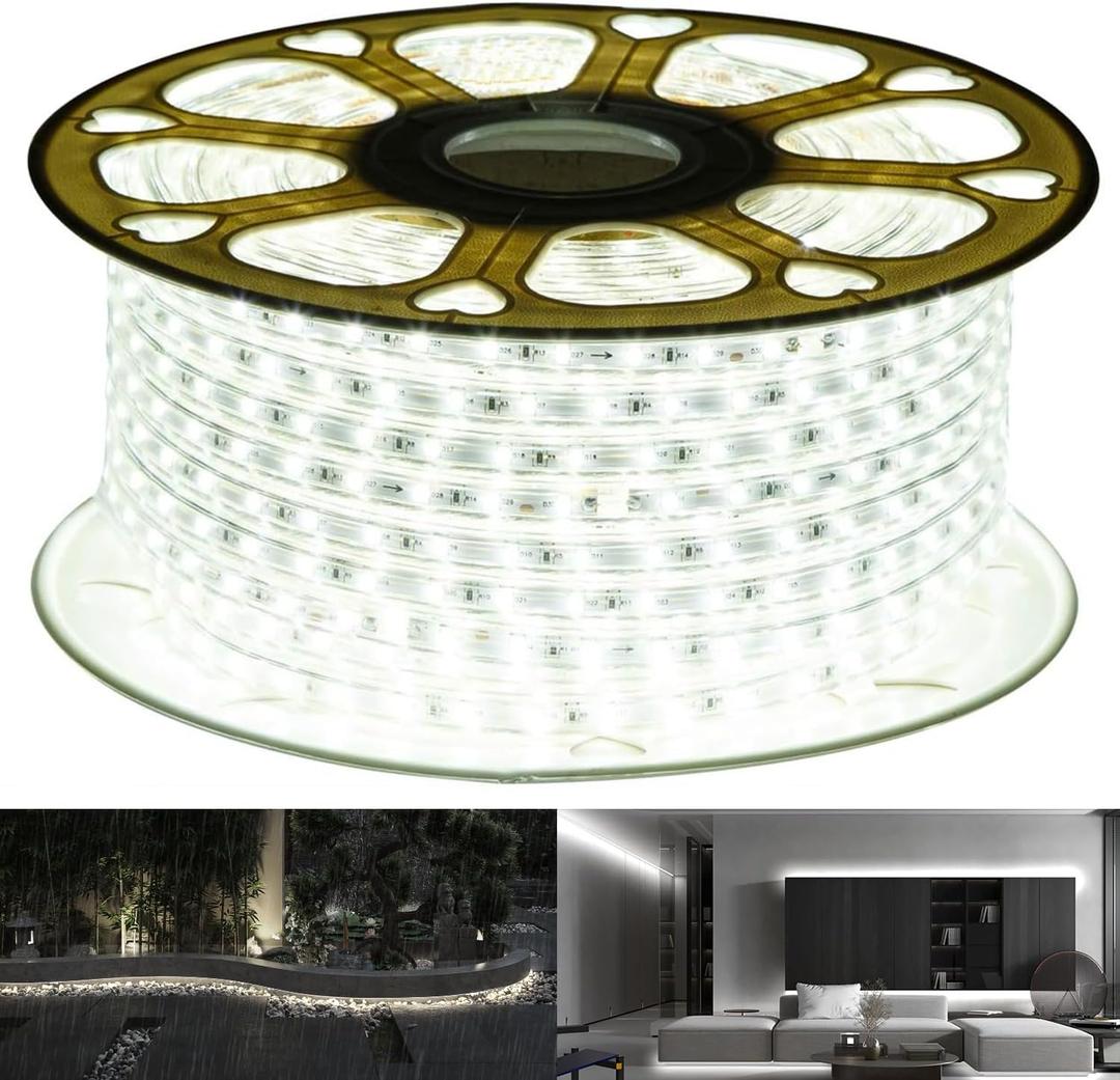 110V Daylight White Led Strip Light Outdoor 131.2ft 40m 6000K Led Rope Lights IP65 Waterproof Indoor Flexible Cuttable Connectable Ideal for Backyards Bedroom Car Deck Decorative Lighting