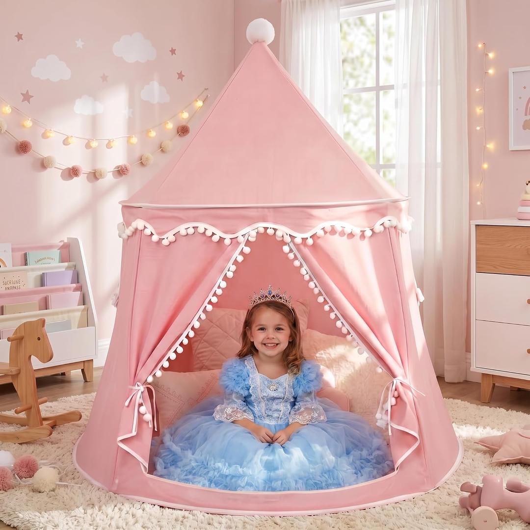 Kids Play Tents, Breathable Cotton & Hemp Playhouse Teepee Tent with Star Lights for Childrens and Toddlers,Suitable for Kids Room and backyart（Pink）