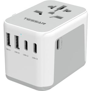 TESSAN Universal Travel Adapter, International Power Adapter 5.6A 28W 3 USB C 2 USB A Ports, Travel Worldwide Plug Adaptor, Outlet Wall Charger for Europe UK EU AUS (Type C/G/A/I)